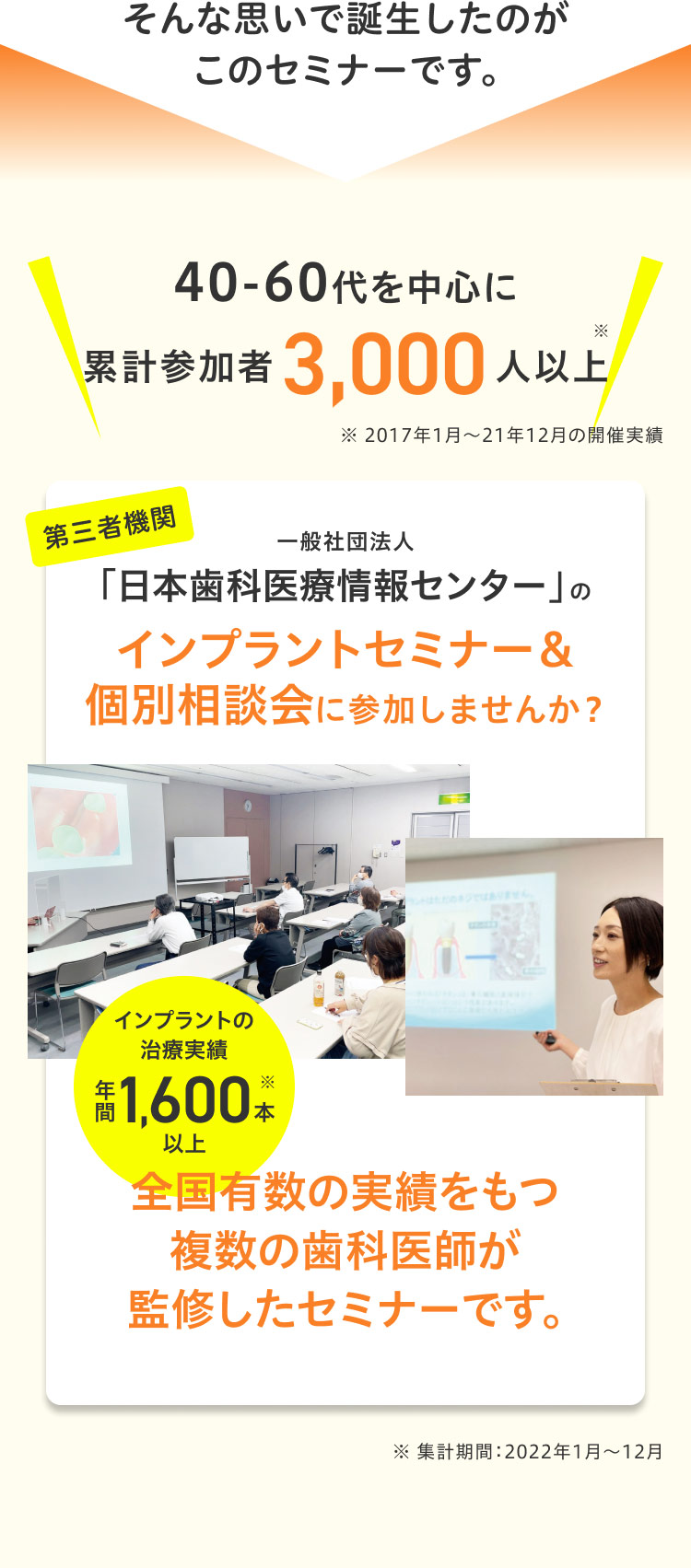 そんな思いで誕生したのがこのセミナーです。40-60代を中心に累計参加者 3,000人以上※2017年1月～21年12月の開催実績 第三者機関 一般社団法人「日本歯科医療情報センター」 のインプラントセミナー＆個別相談会に参加しませんか？インプラントの治療実績年間1,600本以上 全国有数の実績をもつ複数の歯科医師が監修したセミナーです。※集計期間：2022年1月～12月